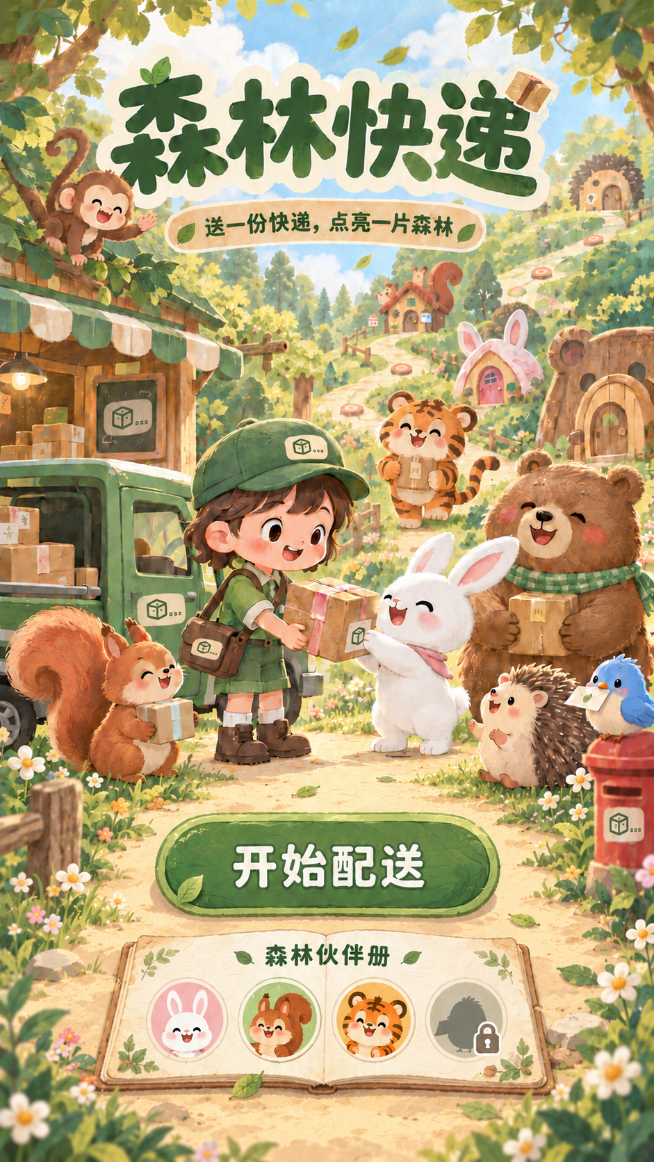 森林快递：送一份快递，点亮一片森林。快递员和森林动物伙伴一起送包裹，下方是森林伙伴册。