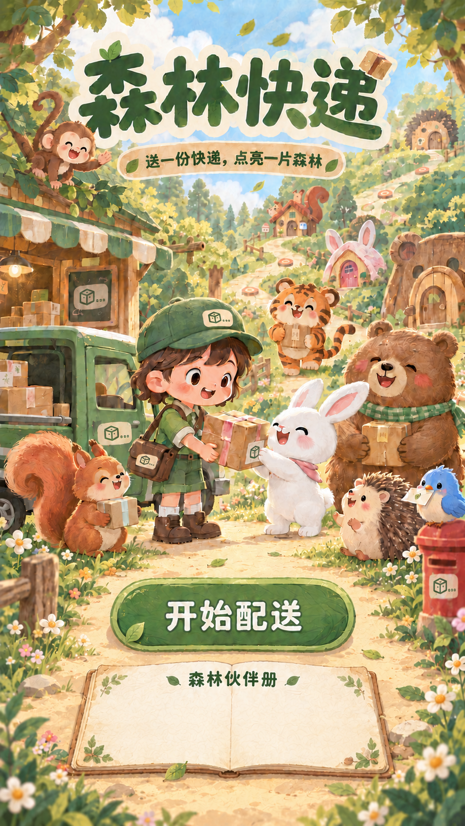 森林快递：送一份快递，点亮一片森林。快递员和森林动物伙伴一起送包裹，下方是森林伙伴册。